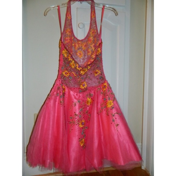 Coral Pink Mesh Cocktail/Prom Dress - Picture 3 of 4