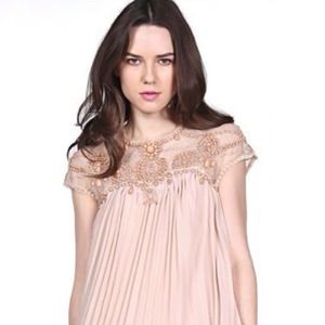 Apricot Short Sleeve Pleated Chiffon Dress