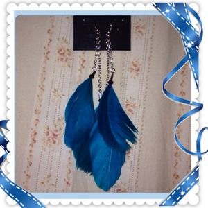 Blue boho chic feather earrings