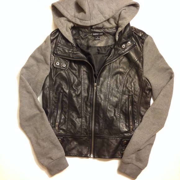 Black leather hood bomber jacket gray sleeves