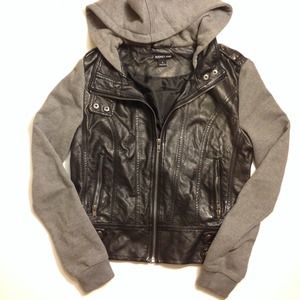 Black leather hood bomber jacket gray sleeves