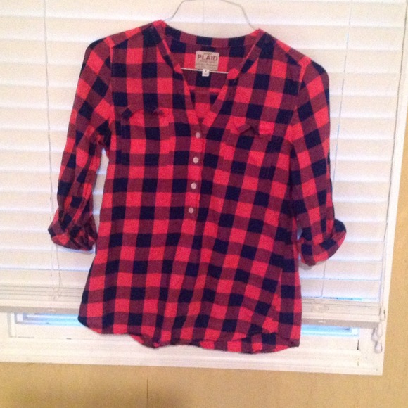 Navy and orange plaid shirt