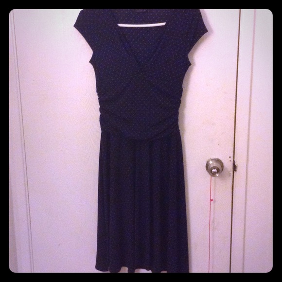 Polka dotted navy and brown knee length dress