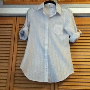 Vertical stripe button up shirt.