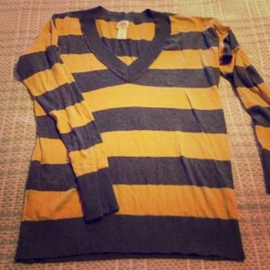 Mustard yellow and grey stripe v-neck sweater