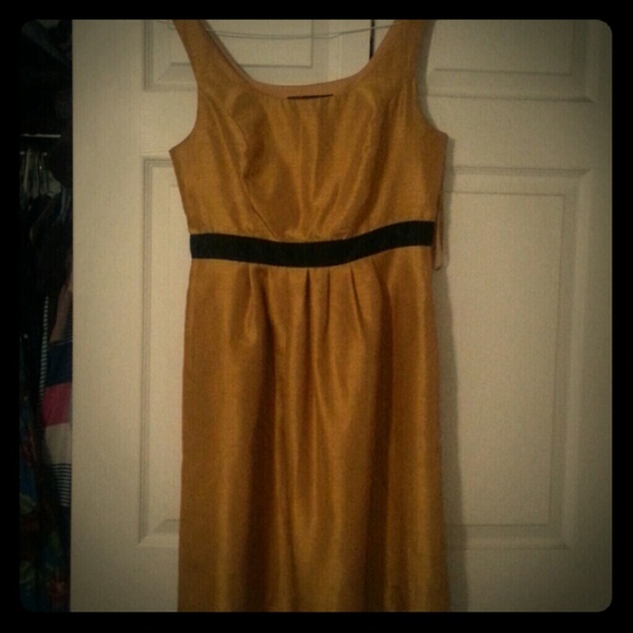 A mustard dress with a black waist