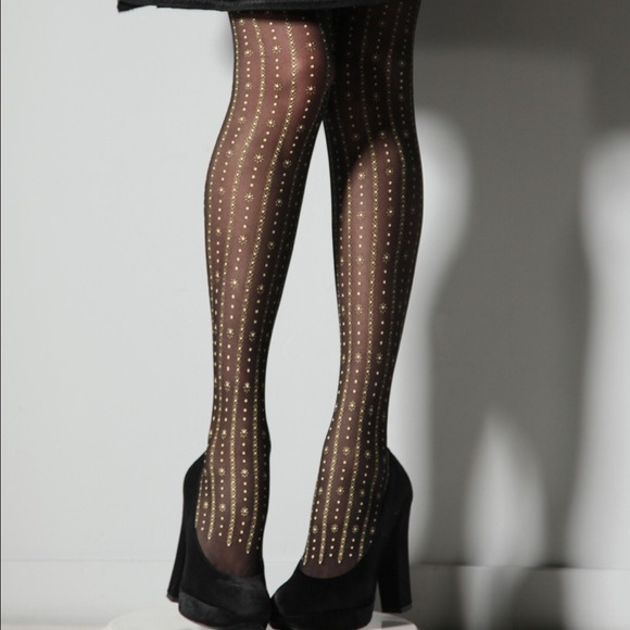 🎉HP🎉 Cynthia Rowley Gold Printed Black Tights