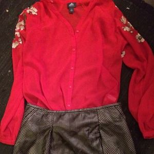 Red chiffon shirt with gold shoulder detail