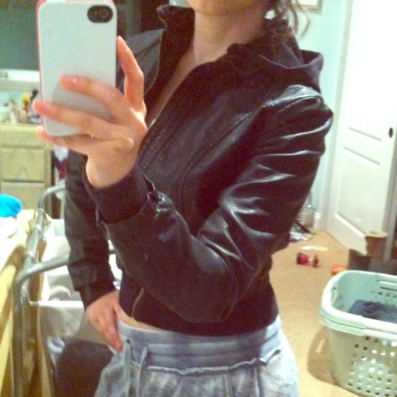 Black leather hooded jacket