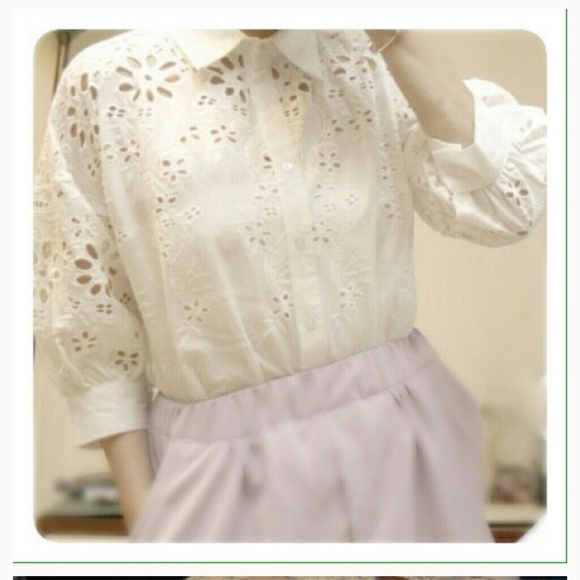 White cut out button down shirt blouse. - Picture 1 of 4