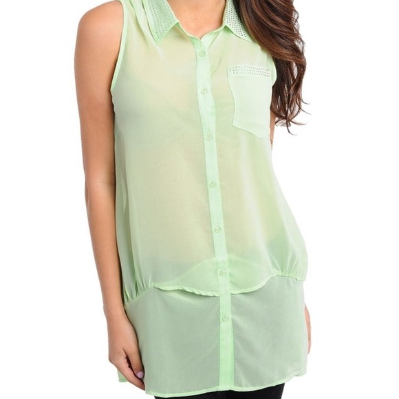 Itro Tops - Mint green sheer collared crystal top