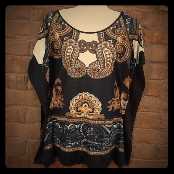 HPDamask print paisley top tan brown grey black