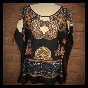 HPDamask print paisley top tan brown grey black