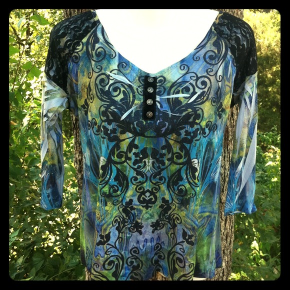 HPDamask Top green,blue,purple & black scrolls