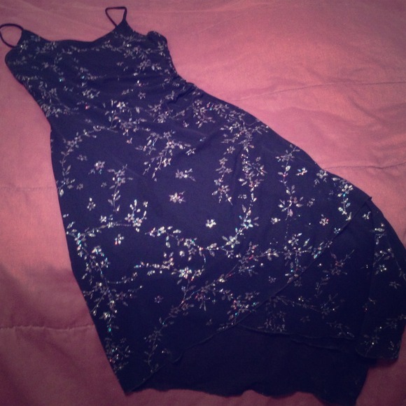 Blue sparkly dress.