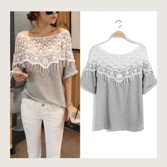 unknown Tops - Crochet knit soft off cold shoulder tee