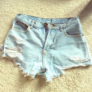Light wash distressed high waisted jean shorts