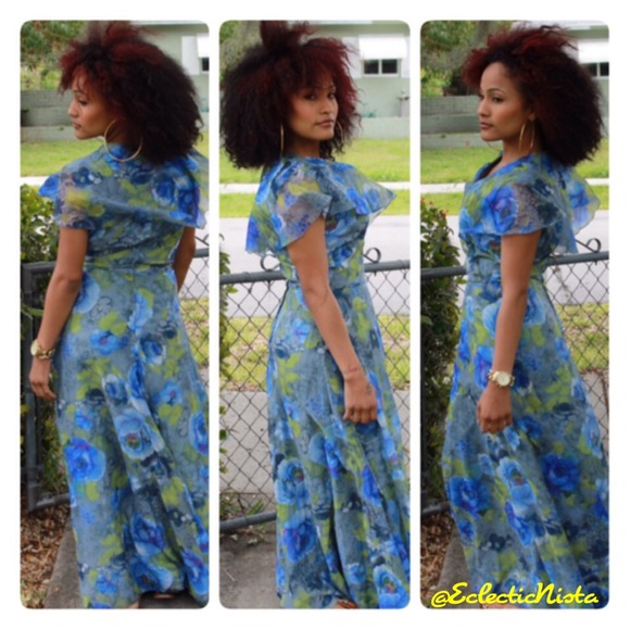 VTG FLORAL FAUX WRAP MAXI DRESS