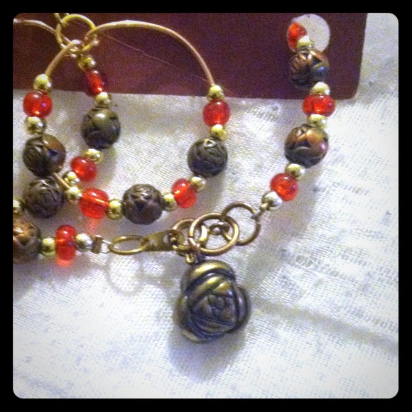 Rose red earring/ bracelet set