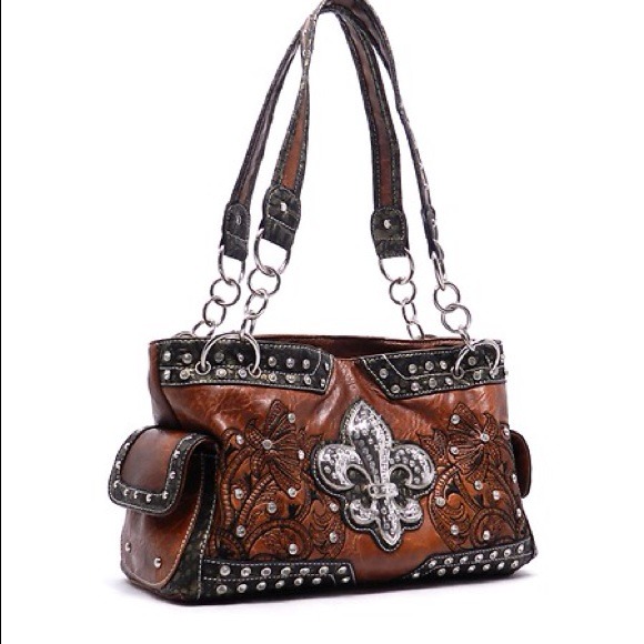 Western Style Rhinestone Fleur De Lis Handbag - Picture 2 of 4