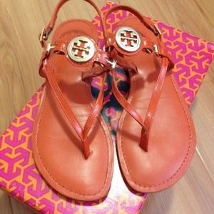 TORY BURCH LEATHER ALI FLAT SANDALS ORANGE 6.5
