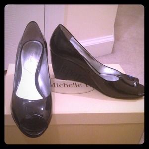 Michelle D Black Patent Peep Toe Wedge