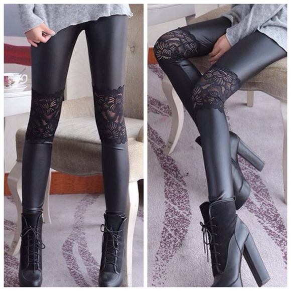 Lace floral leather look leggings