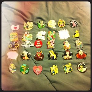 Disney trader pins with a lanyard.