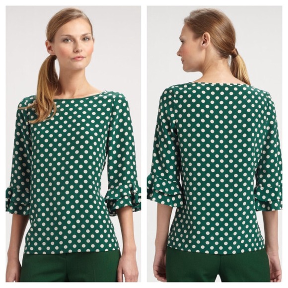 ❌SOLD❌KATE SPADE Green Silk Polkadot Top Sz 10 - Picture 2 of 4