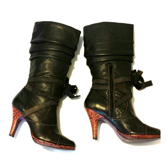 Black Kenzie Ruched Boots with Leather Ties