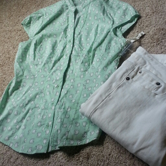 Reserved for @chelseakb green cat pattern top