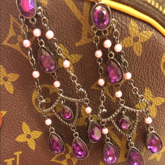 Purple stone and pearl chandelier earrings
