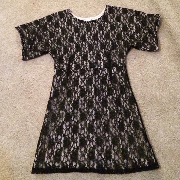 Black Lace & Nude Mini Dress - Picture 2 of 4