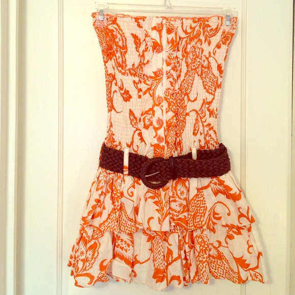 Orange and white dress with belt. Size L - Picture 1 of 4