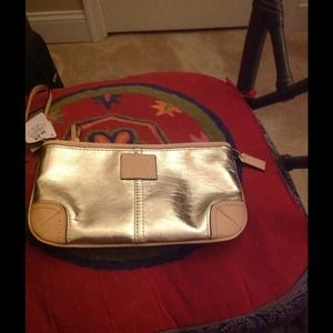SOLD Authentic Coach Silver/Gold Leather Wristlet
