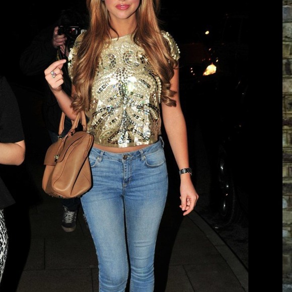 Miss Selfridge Pearl Embellished Gold Tee