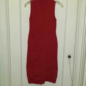 Red turtleneck sleeveless midi dress