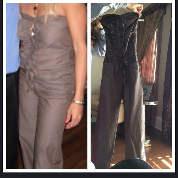 Taupe strapless long pant jumpsuit