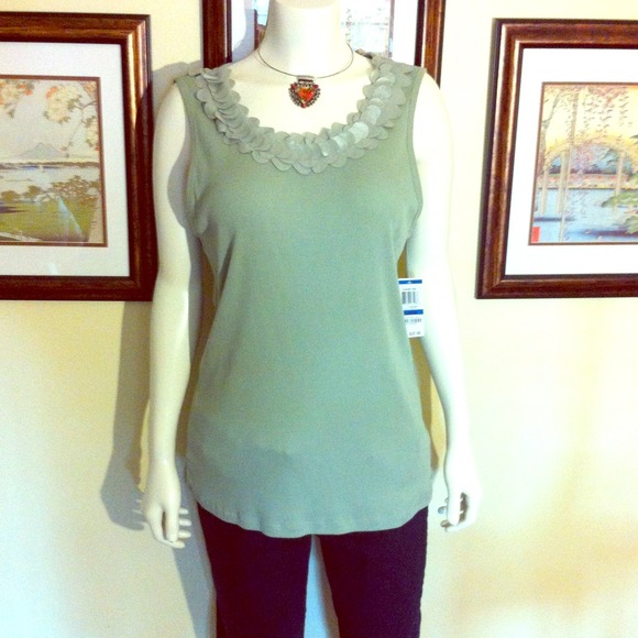 Embellished solid soft sage color cotton  tank.