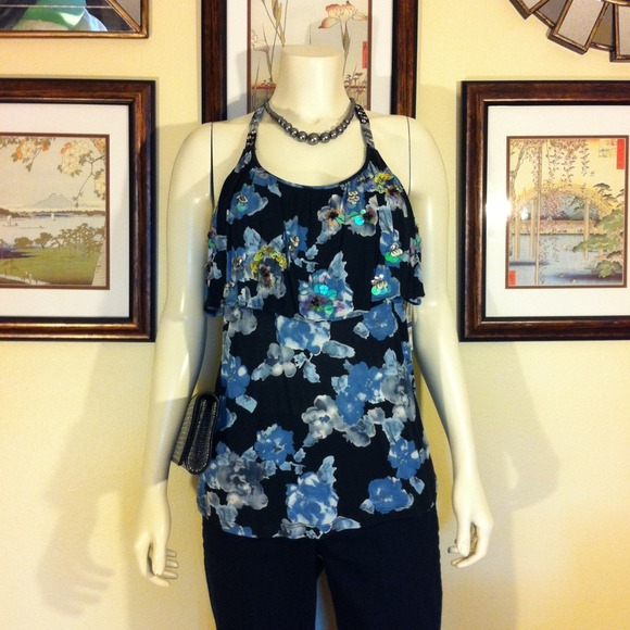 Sequin embellished date night tank in blue.