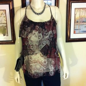 Tiered sheer print Blk, purple & grey print tank