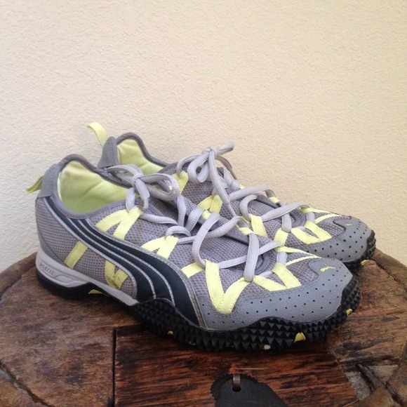 Grey and Yellow Puma running shoes