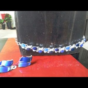 Blue and silver leaf necklace with clip on earring