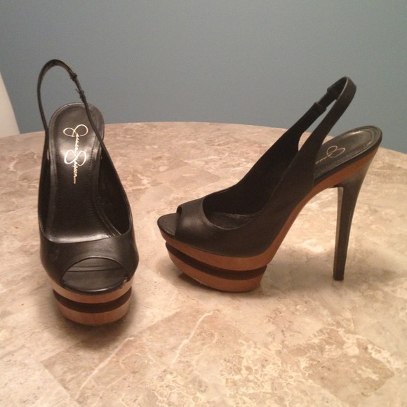 Jessica Simpson black leather peep toes