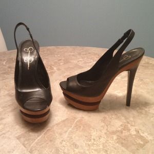 Jessica Simpson black leather peep toes