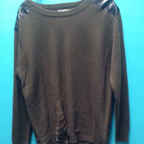 Army green sweater with leather shoulder