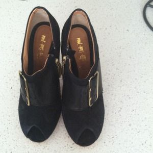 Black suede peep toe booties