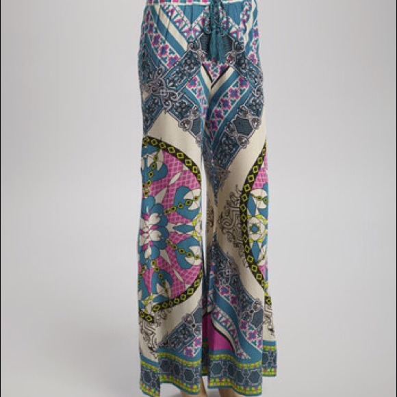 Teal and pink abstract print palazzo pants
