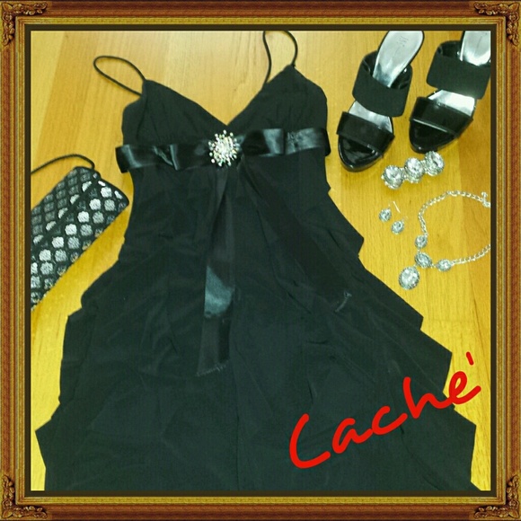 Cache Black Ruffled Cocktail Dress w Gold Brooch