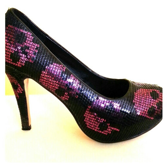 Iron Fist Black and Pink Sequin Skull Pump